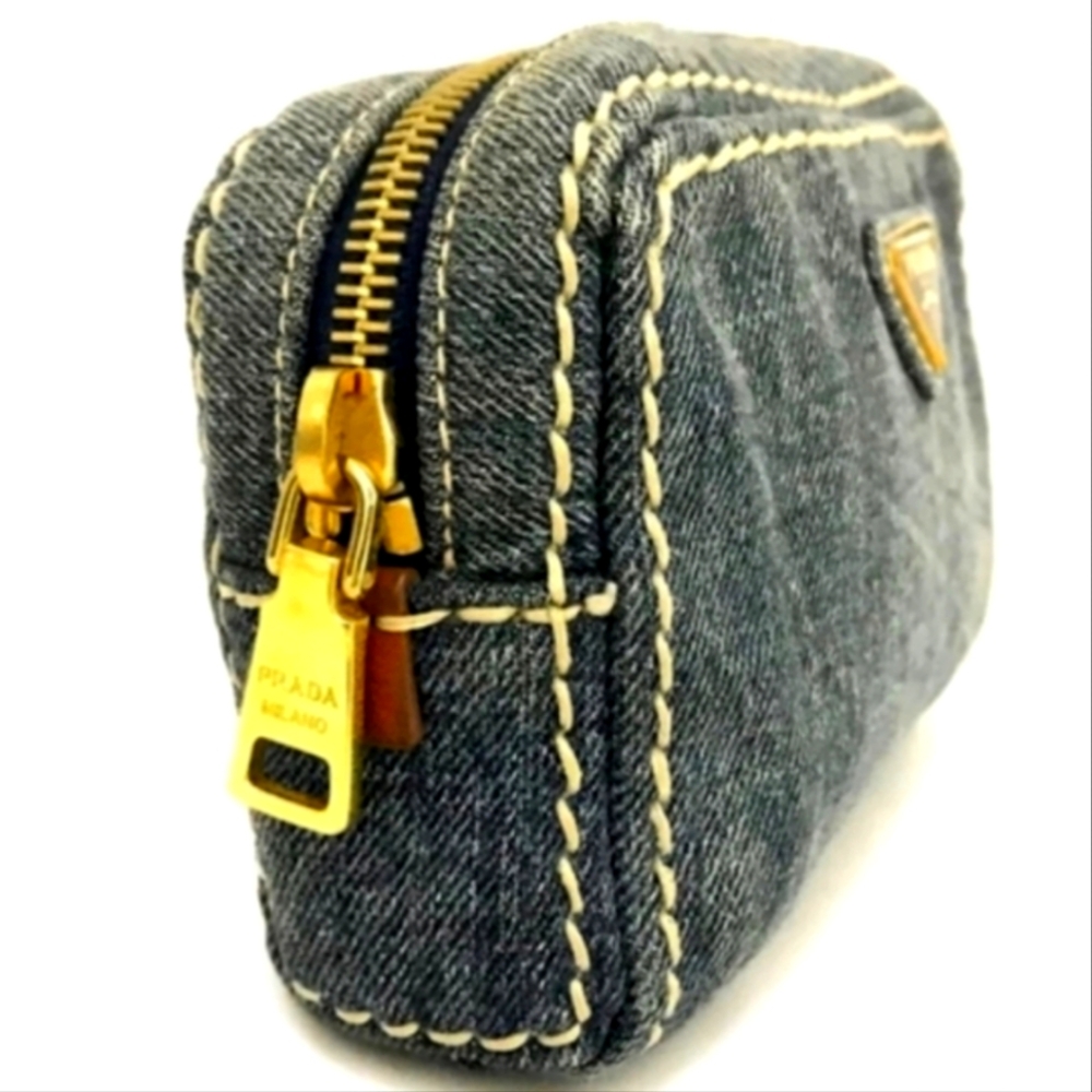 PRADA LOGO PLATE DENIM COSMETIC POUCH BAG BLUE - Picture 2 of 12